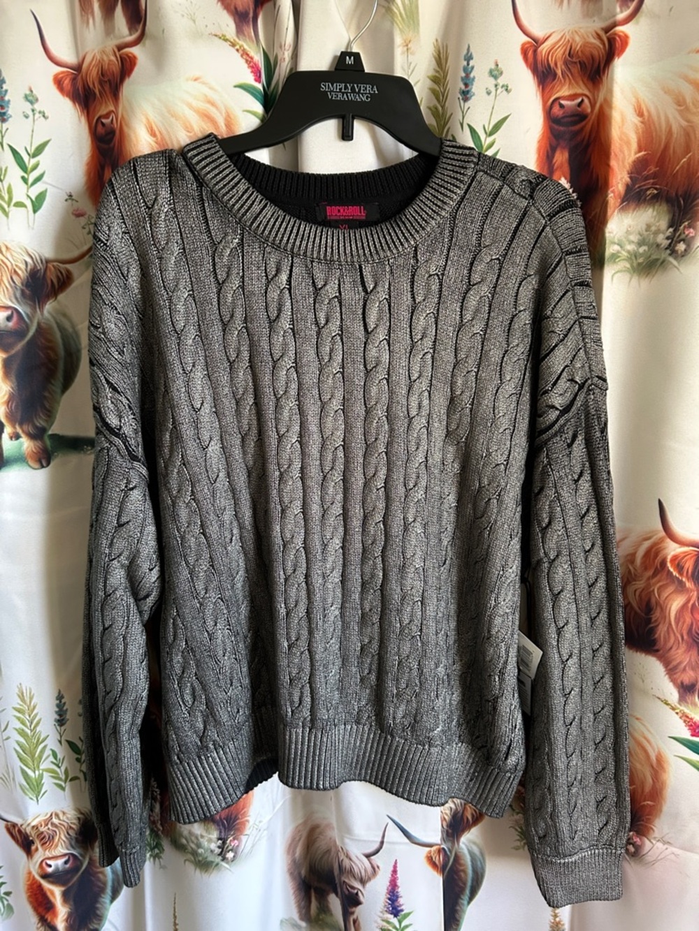 Rock and Roll Denim Ladies Foil Print Cable Knit Sweater